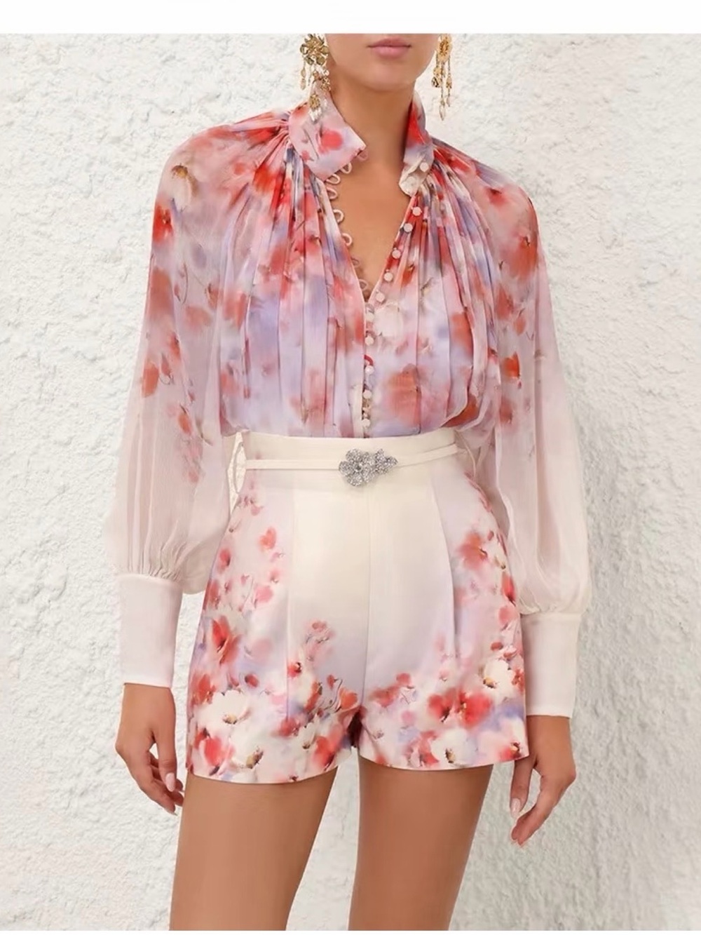 Zimmermann Floral Pleated High-Waist Shorts Set in Pink Coral